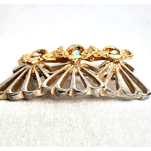 Threee Angles Brooch Open Work Gold And Silver Tones Hearts And AB Rhinestones - Picture 4 of 8